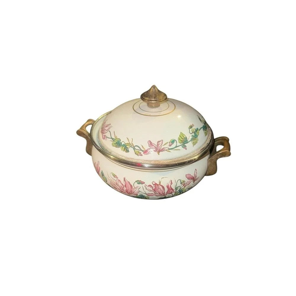Vintage ASTA Enamelware Cooking Pot & Lid Brass Handles Pink Flowers